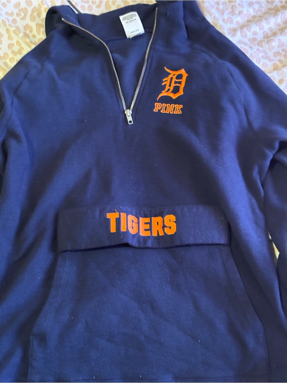 PINK Victoria's Secret Navy Quarter-Zip Pullover with Orange Team Embroidery